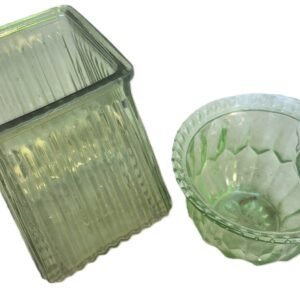Pair of Vintage Green Glass Pieces – Ribbed Jar & Faceted Bowl