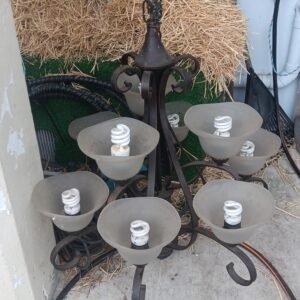 Large Wrought Iron Chandelier – 8-Light Hanging Ceiling Fixture with Frosted Glass Shades
