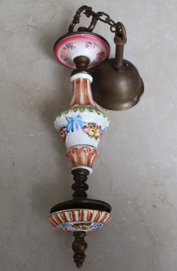 LOT 131 - Vintage Hand-Painted Ceramic & Brass Ceiling Light Fitting