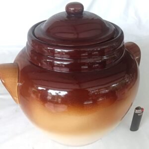 LOT 240 -Large Lidded Ceramic Storage Jar / Bean Pot – Brown Drip Glaze