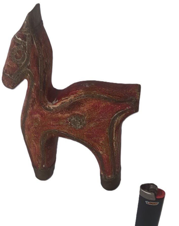 LOT 202 - Carved Folk Art Horse with Red Paint & Metal Trim