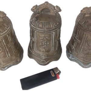 Set of 3 Bronze‑Tone Temple Bells with Dragon Handles & Script
