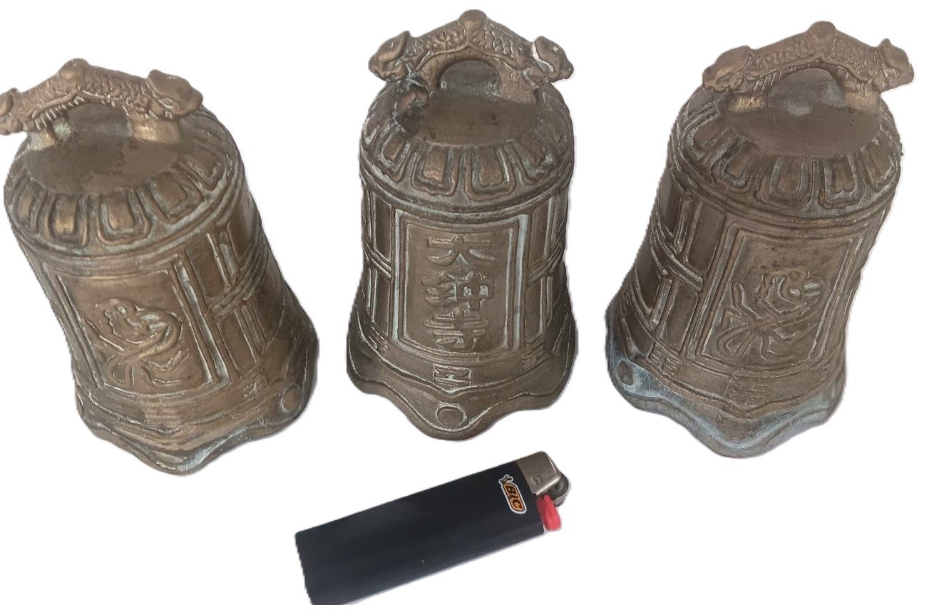Set of 3 Bronze‑Tone Temple Bells with Dragon Handles & Script