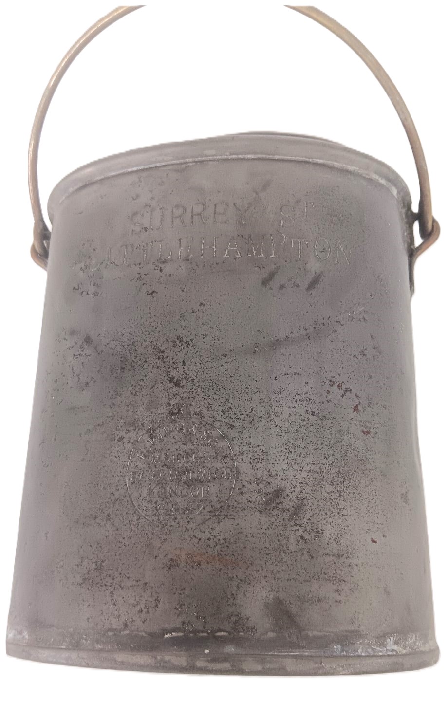 Antique Tin Coal Scuttle / Ash Bucket – Embossed ‘Surrey St Littlehampton’