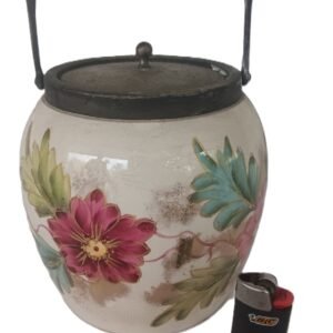 LOT 225 - Hand‑Painted Floral Biscuit Barrel – Metal Lid & Swing Handle