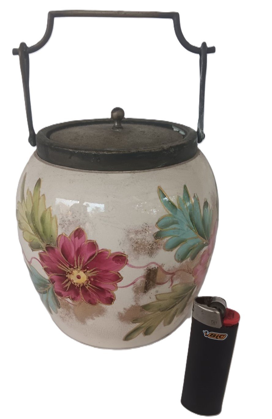 LOT 225 - Hand‑Painted Floral Biscuit Barrel – Metal Lid & Swing Handle