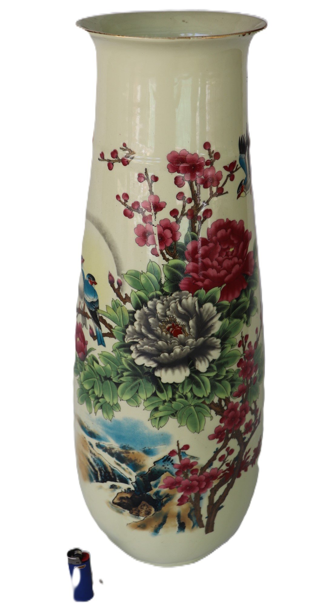 LOT 279 - Tall Chinese Porcelain Floor Vase with Calligraphy & Birds