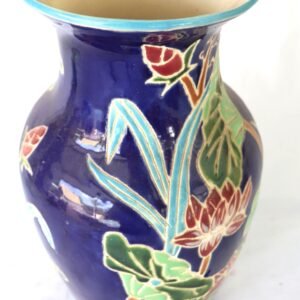 LOT 170 - Blue Glazed Pottery Vase with Lotus and Leaf Relief