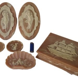 LOT 244 -Lot of Faux Marble Cameo Plaques, Dish & Sail Ship Box