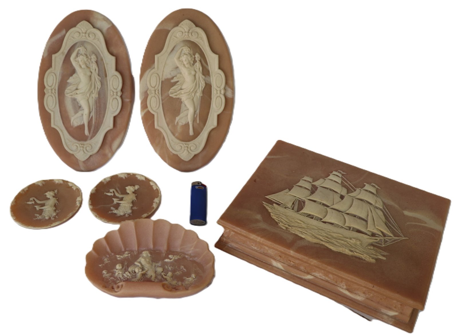 LOT 244 -Lot of Faux Marble Cameo Plaques, Dish & Sail Ship Box