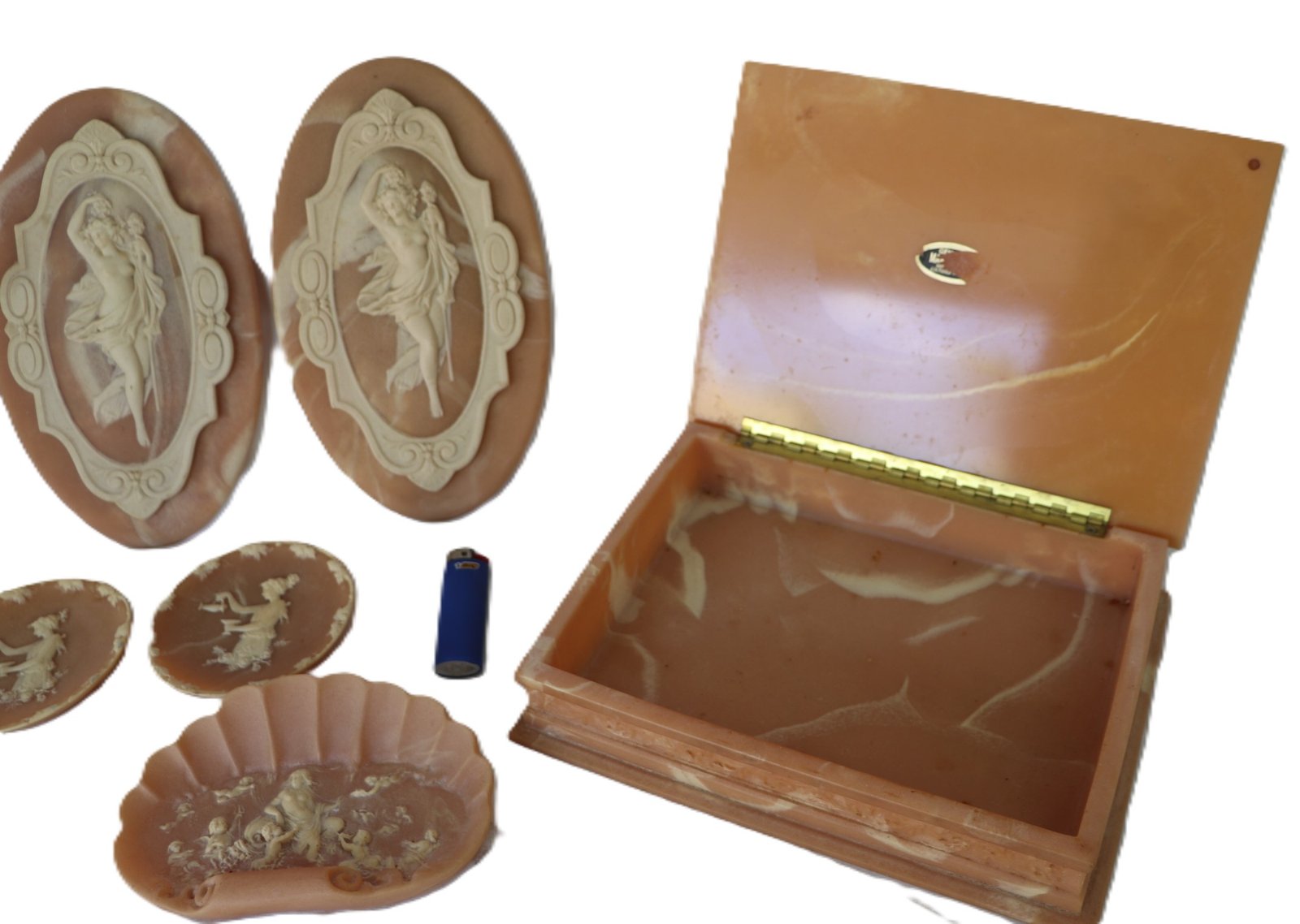 LOT 244 -Lot of Faux Marble Cameo Plaques, Dish & Sail Ship Box - Image 2