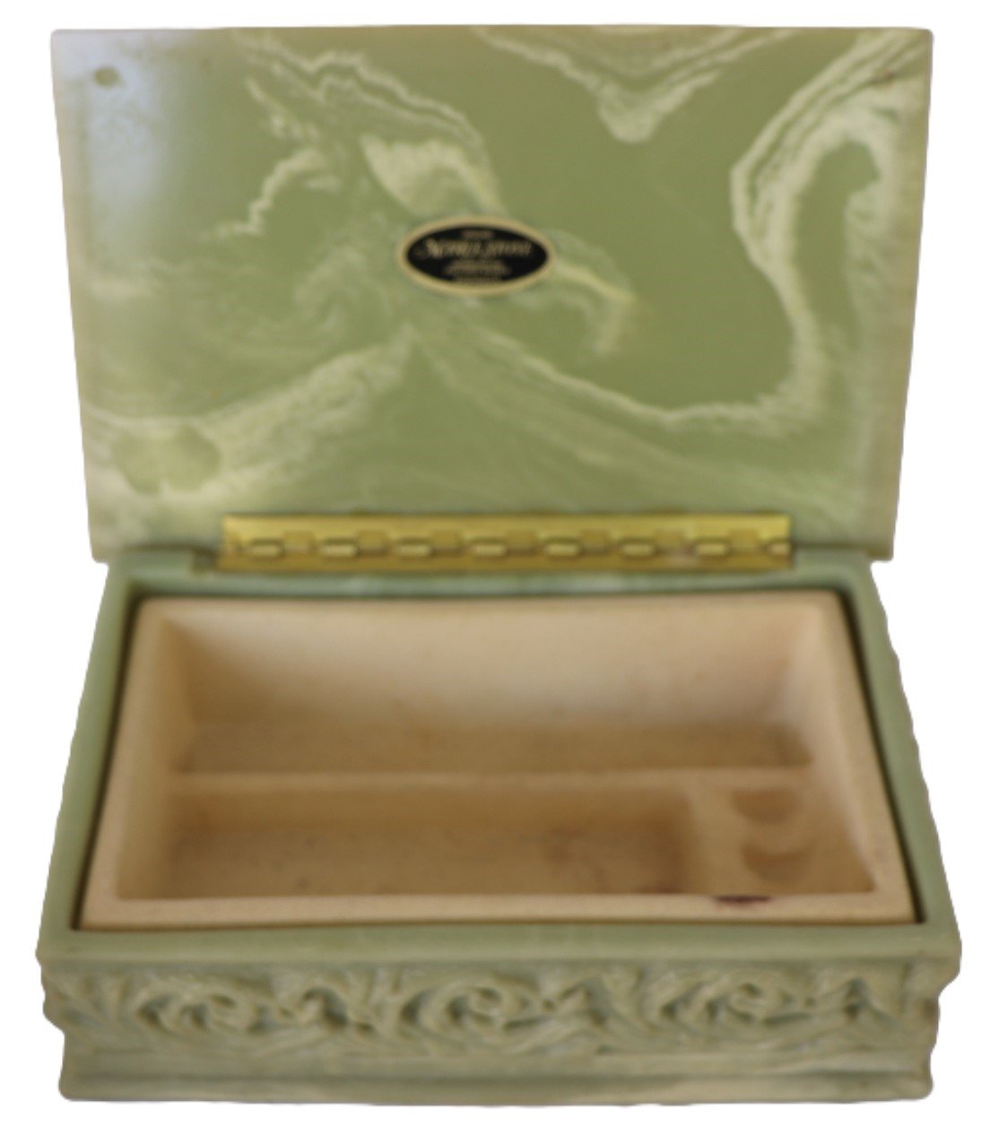 LOT 246 - Marbled Green Jewellery Box with Cart Relief Lid
