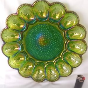 LOT 235 - Large Green Carnival‑Glass Bowl / Charger with Scalloped Rim