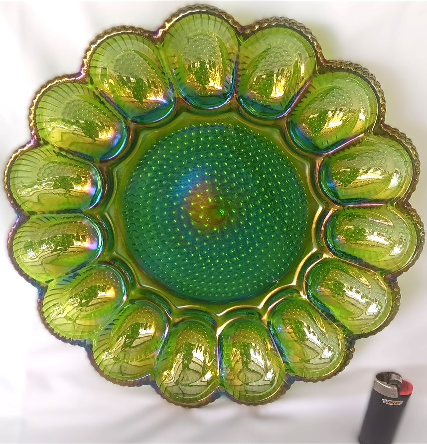 LOT 235 - Large Green Carnival‑Glass Bowl / Charger with Scalloped Rim