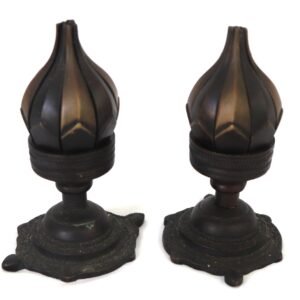 Pair of closed lotus-bud brass lamps on ornate bases