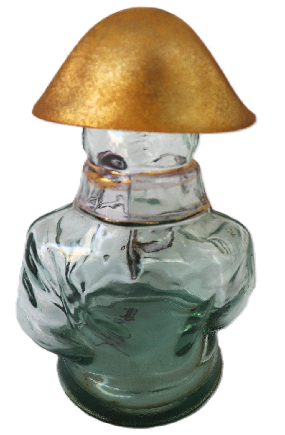 Napoleon glass bust decanter rear view with gold hat stopper