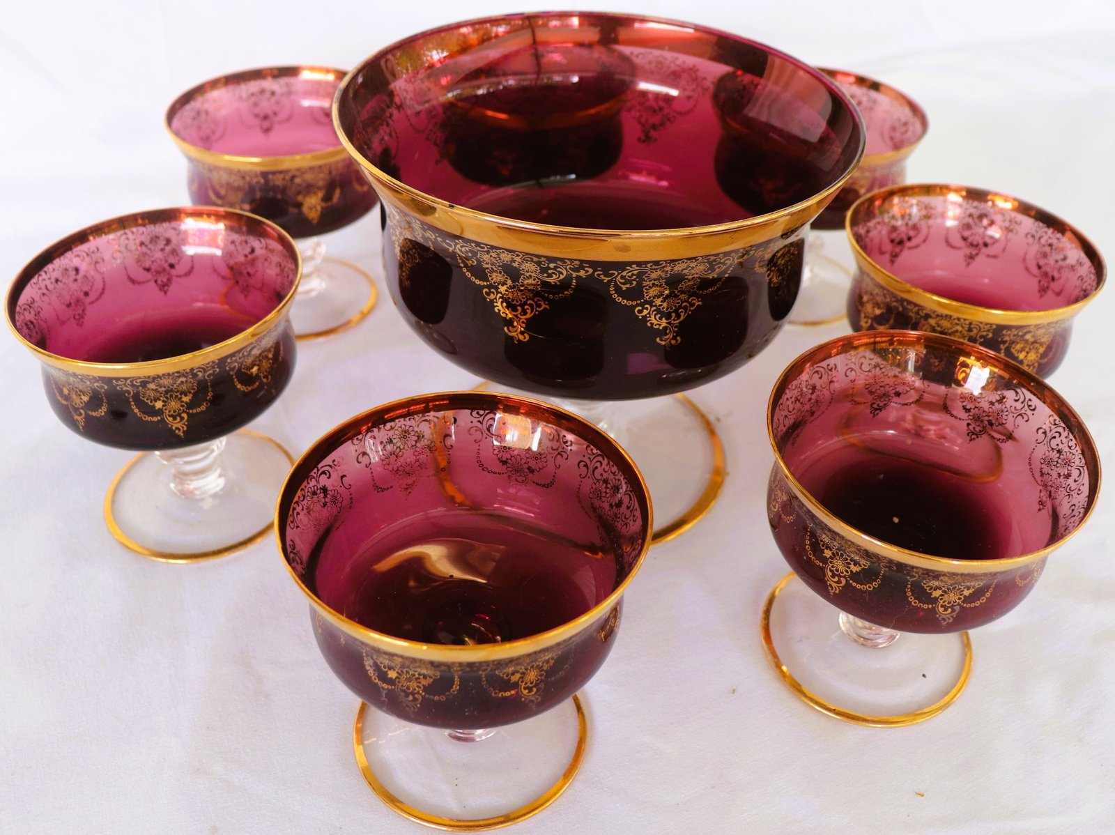 amethyst glass punch bowl with six matching cups