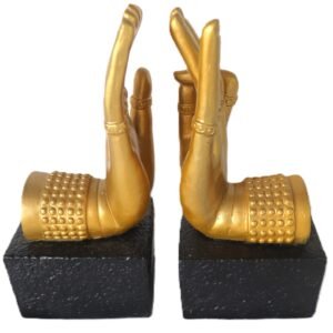 pair of gold mudra hand sculptures on black bases front view