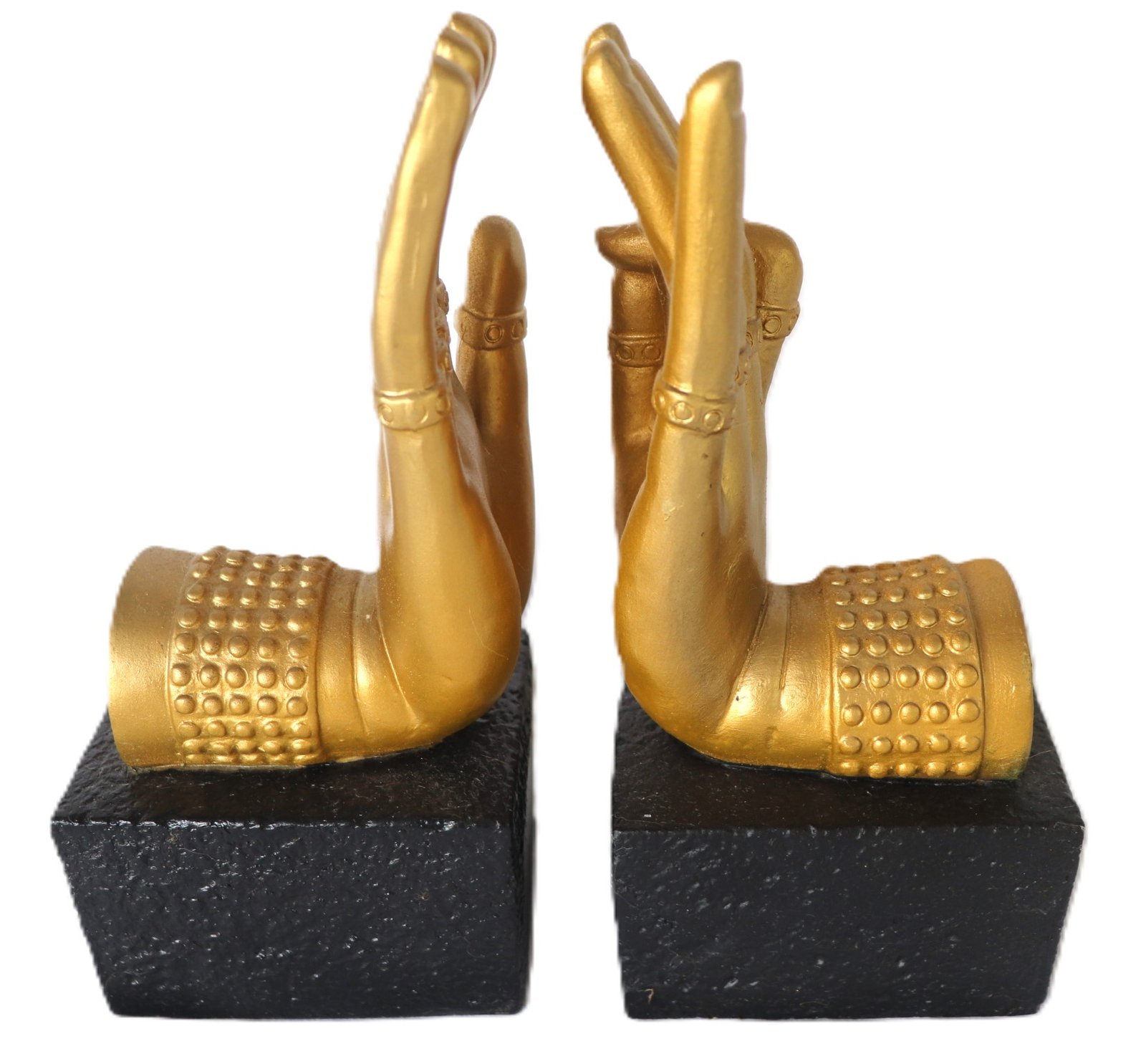 pair of gold mudra hand sculptures on black bases front view