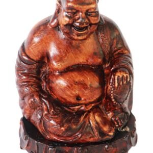 laughing buddha resin figurine on carved base front view