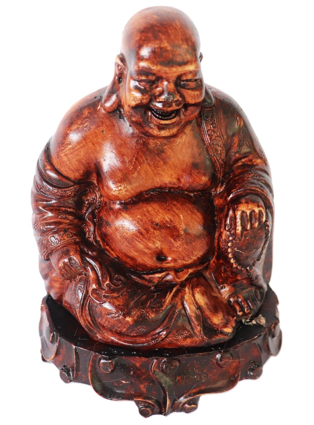 laughing buddha resin figurine on carved base front view