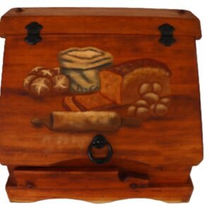 vintage wooden bread box with hand-painted bread and flour design on lid