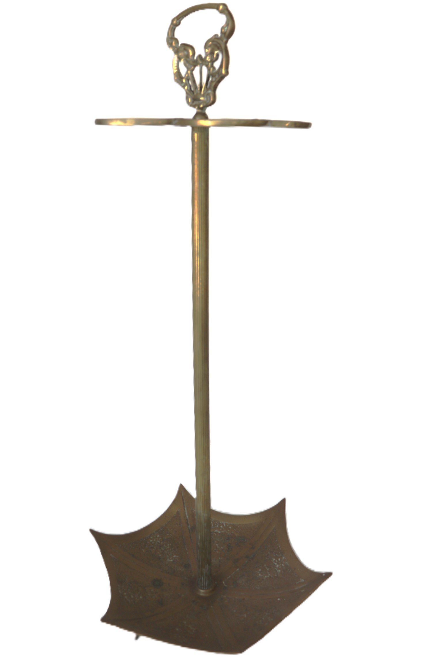 vintage brass umbrella stand with umbrella-shaped base and ornate handle
