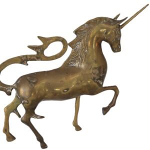vintage brass unicorn figurine standing with raised foreleg