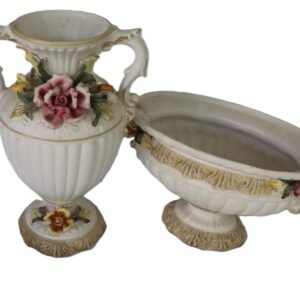 Pair of Capodimonte urns ivory glaze with gold accents