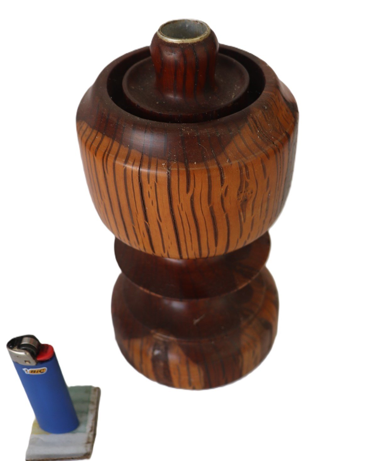 turned wooden candle holder with metal insert