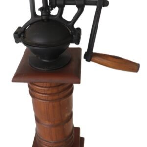 Vintage hand-crank coffee grinder with wooden base and metal top