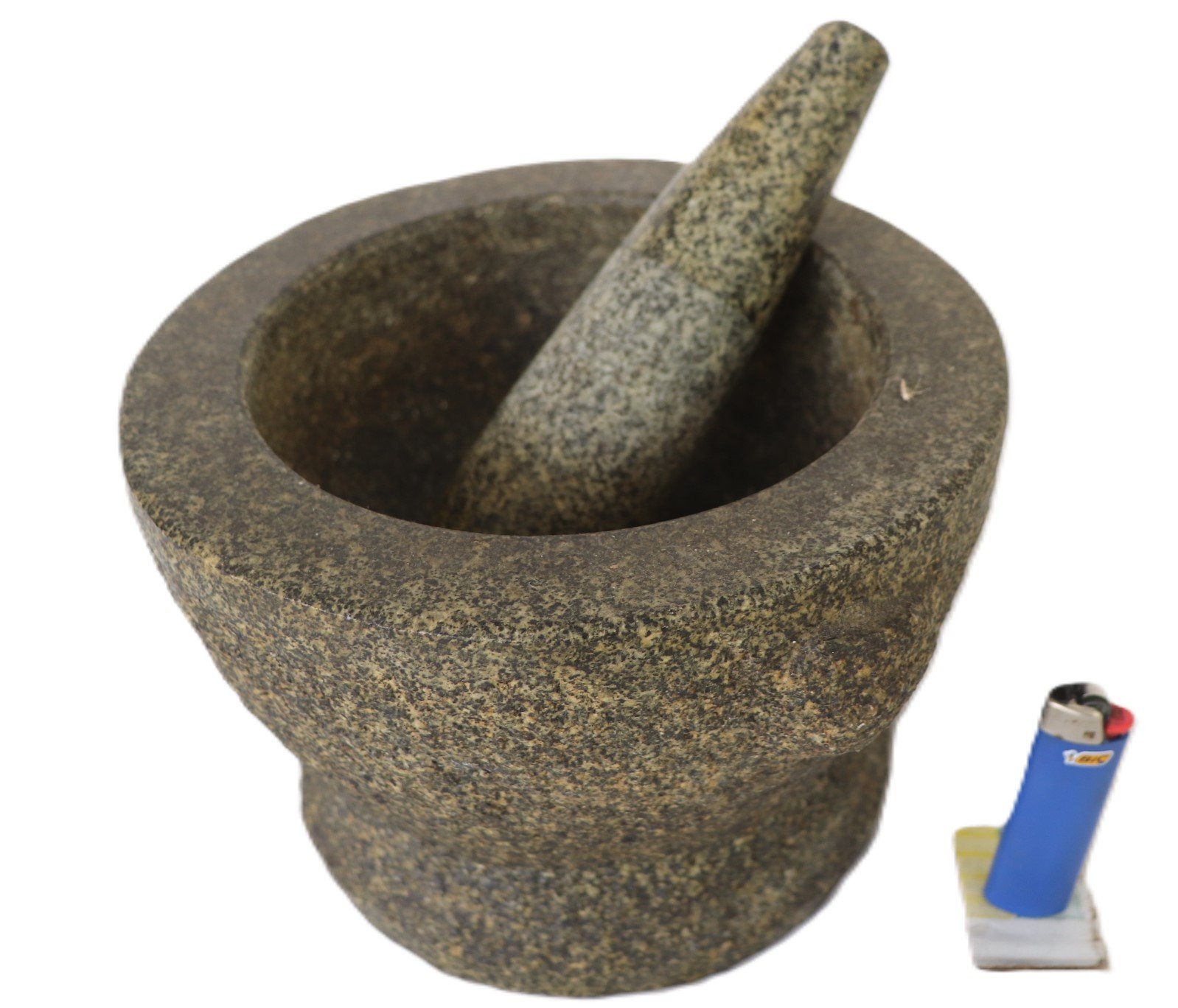 Granite mortar and pestle angled view