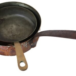 antique French copper saucepan and fry pan set with aged patina