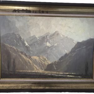 Framed mountain valley oil painting