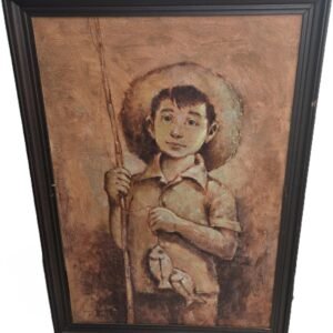 vintage oil painting boy with fish and rod