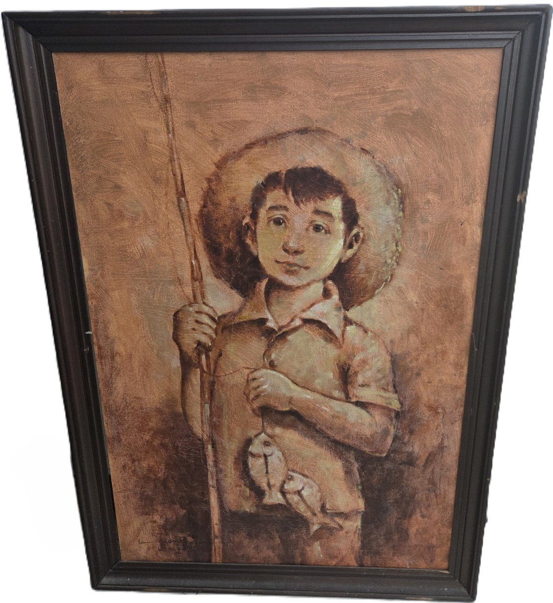 vintage oil painting boy with fish and rod