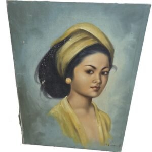 vintage portrait of woman in yellow head wrap mid-century oil painting