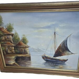 vintage mediterranean coastal oil painting sailboat and village framed