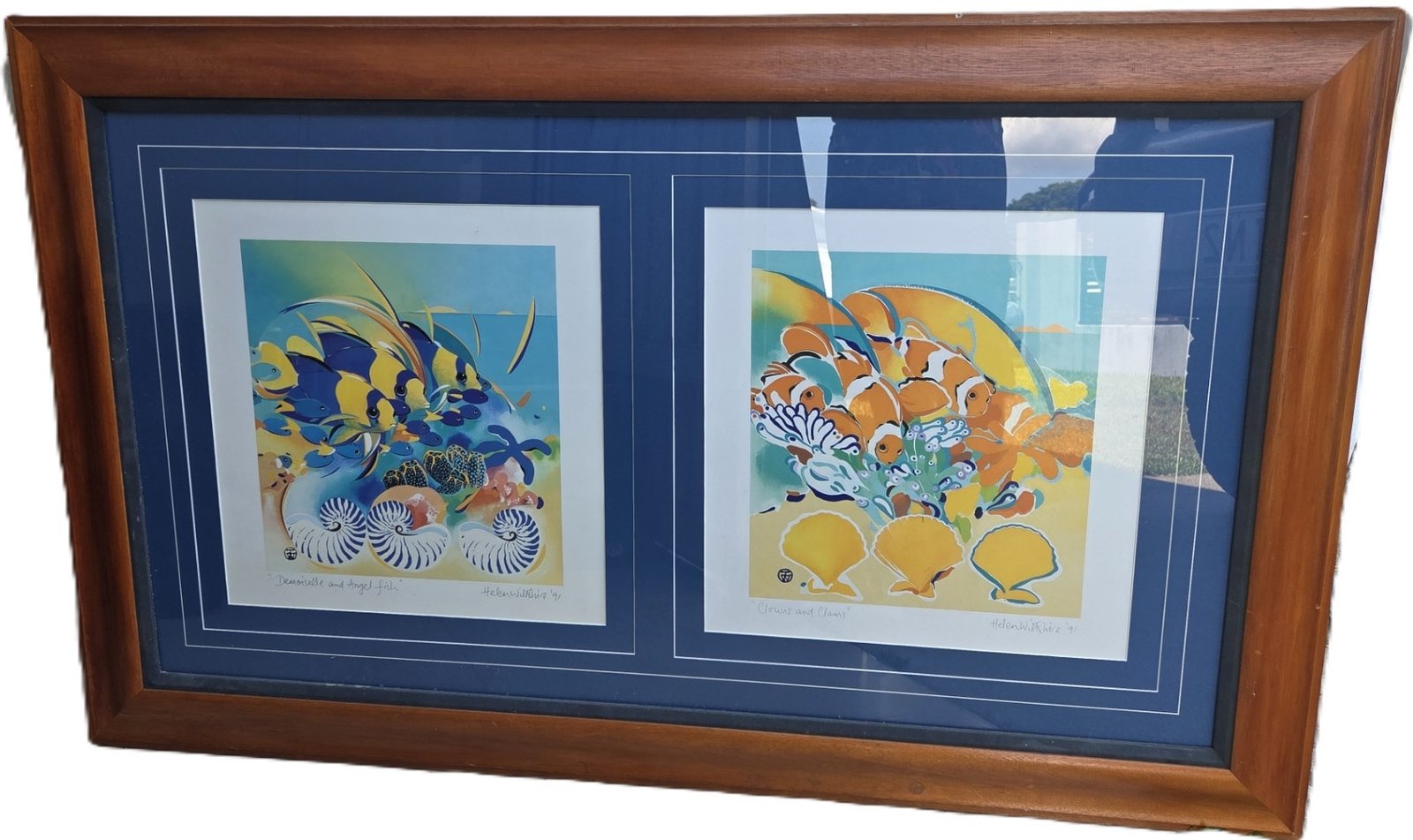 Helen Wiltshire Mission Beach signed reef prints Damselfish and Clowns 1997 framed