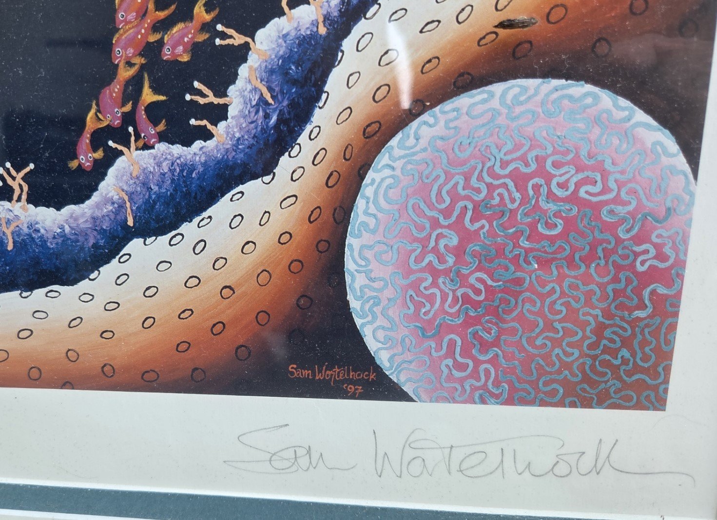 framed marine artwork with coral and turtle