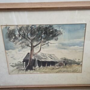 Signed Australian watercolour painting of bush hut and gum tree