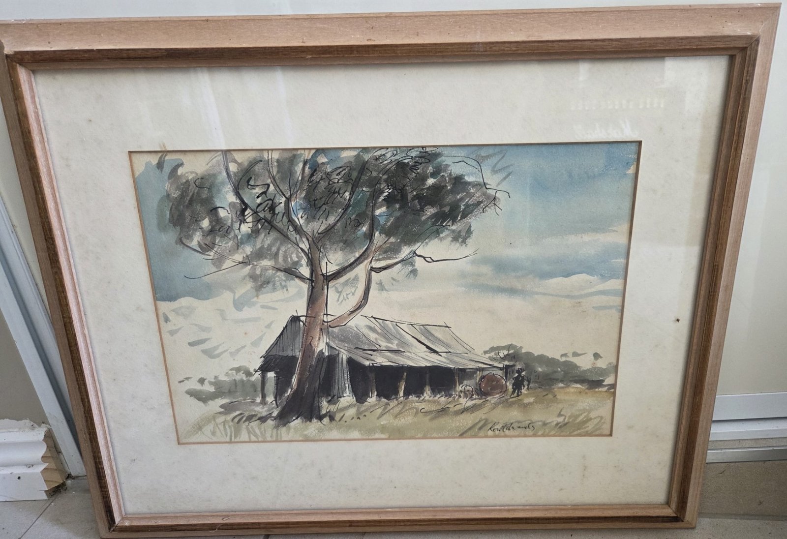 Signed Australian watercolour painting of bush hut and gum tree