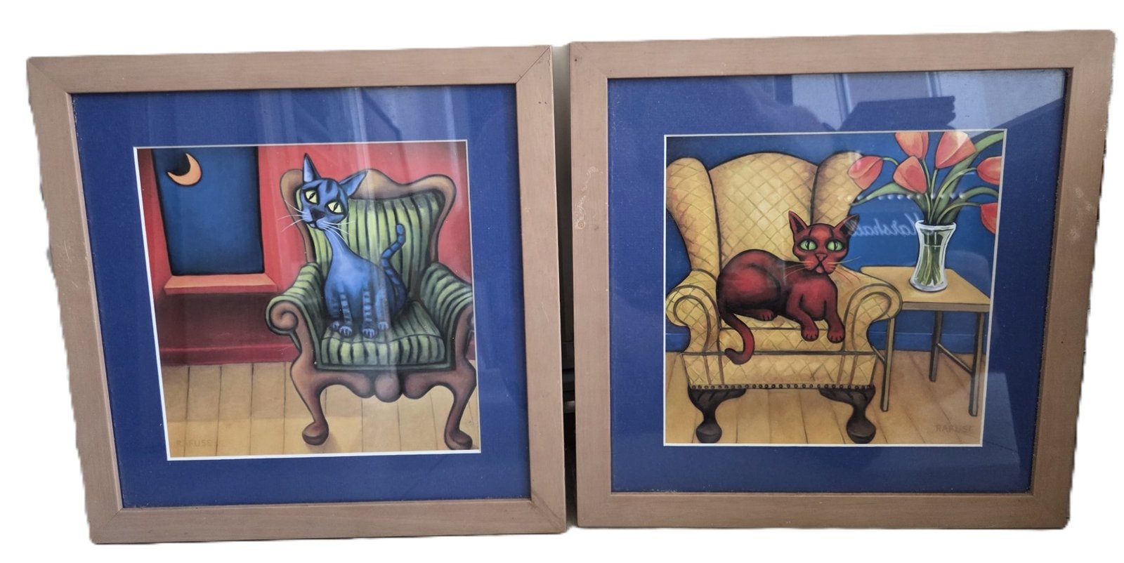 Set of two framed stylised cat art prints