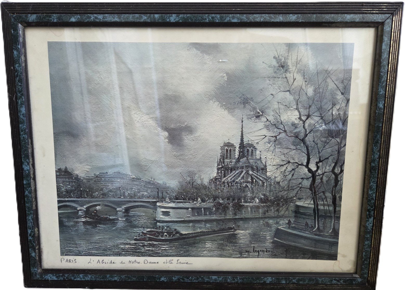 Framed Paris Notre-Dame and Seine river artwork