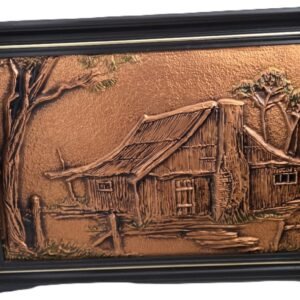 Embossed copper wall art showing an Australian bush hut