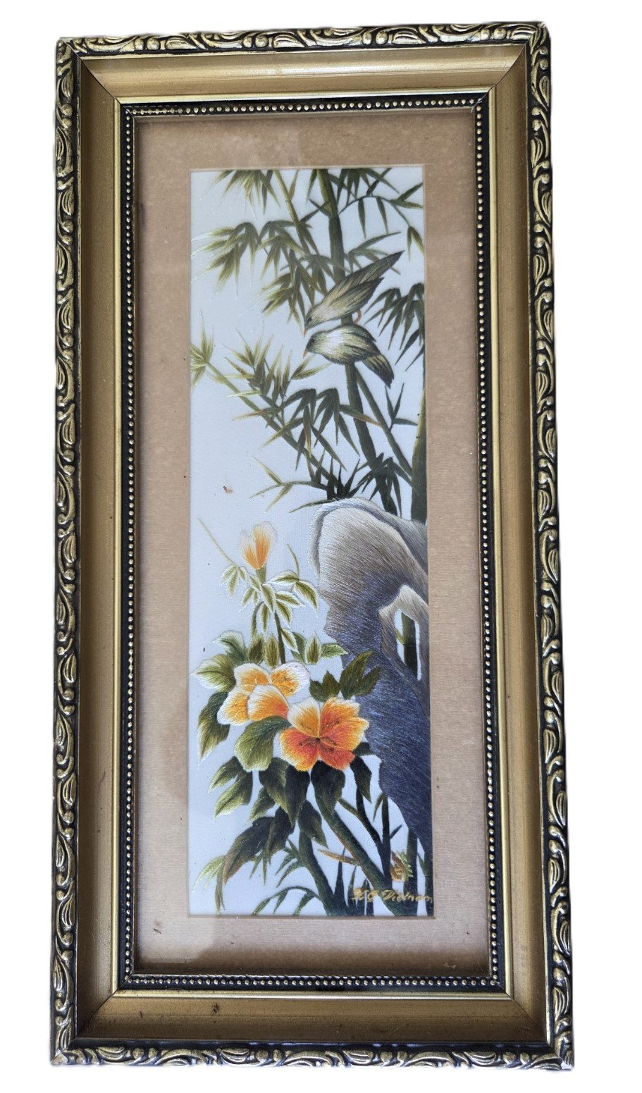 Framed silk embroidery of bamboo, birds and flowers