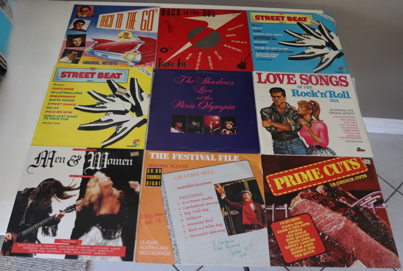 Front covers of 9 mixed compilation vinyl LPs