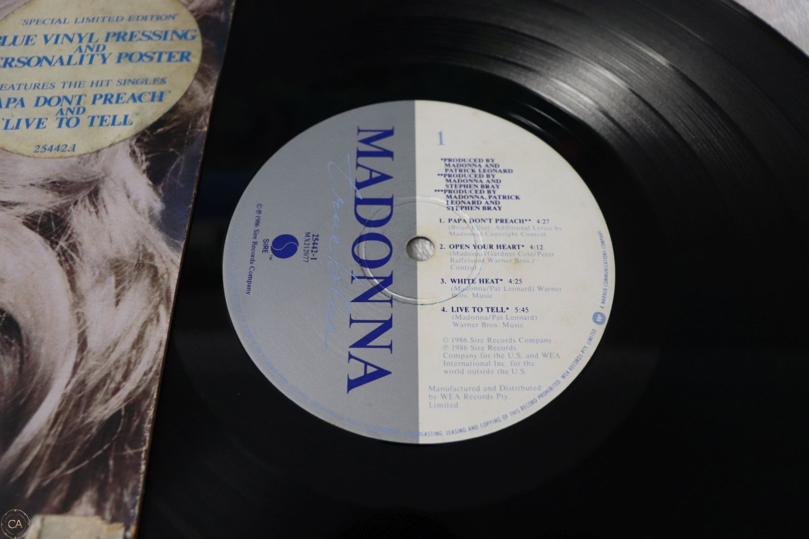 Madonna True Blue Sire Records label close-up