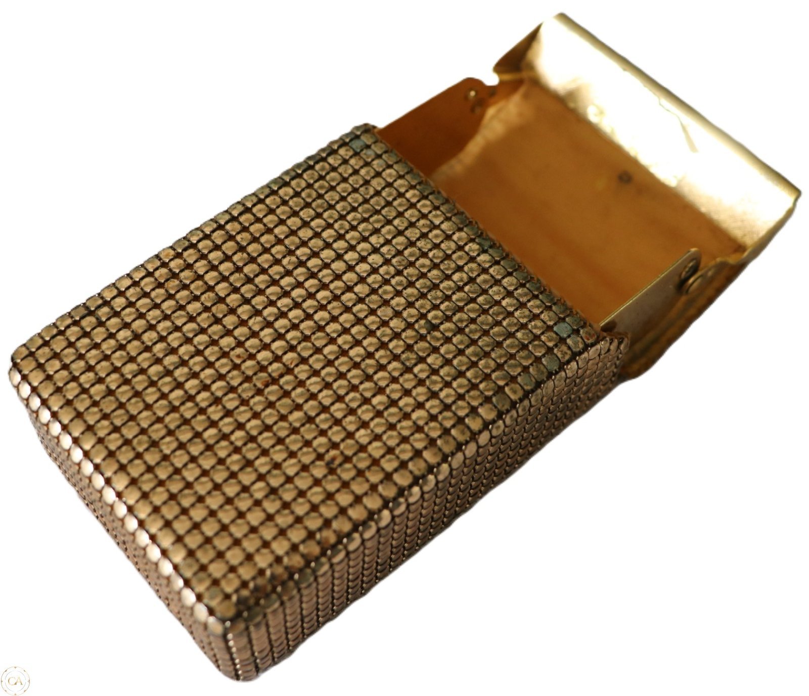 open gold mesh cigarette case mid century style
