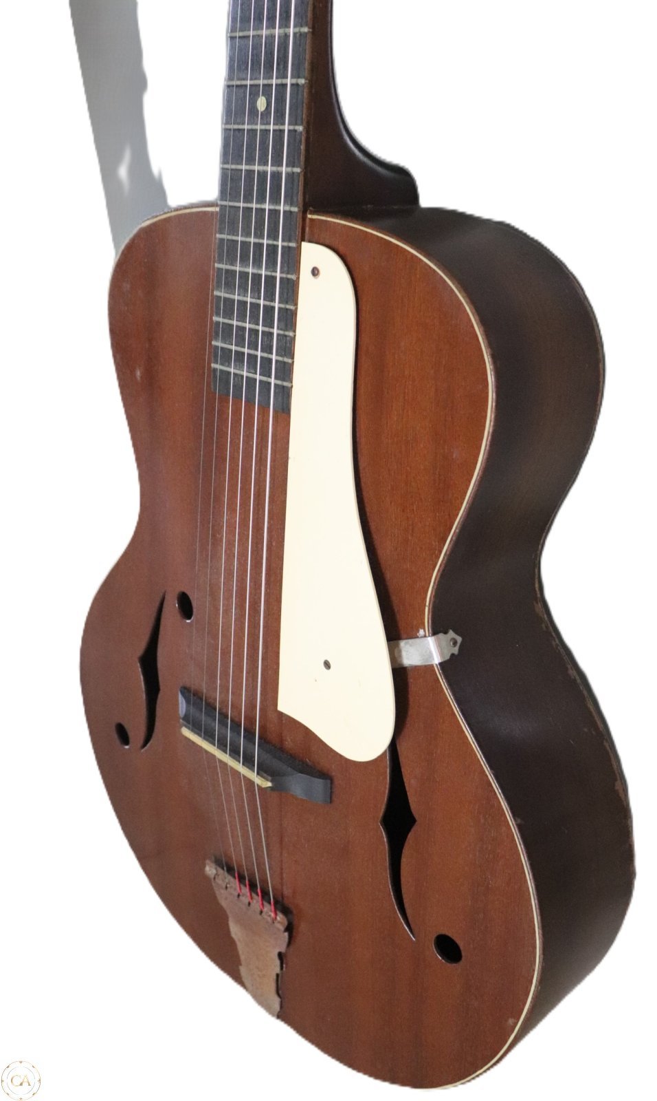 side view Alver archtop guitar with pickguard
